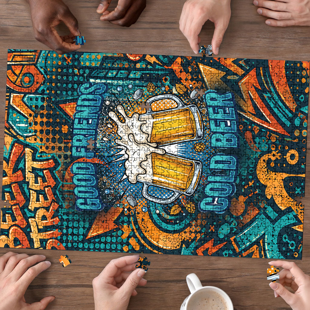 Beer Lovers Cheers To Good Times Puzzle Urban Graffiti Pattern With Frothy Clinking Mugs Art