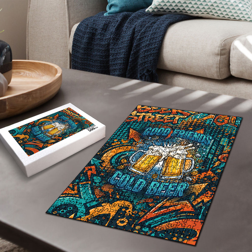 Beer Lovers Cheers To Good Times Puzzle Urban Graffiti Pattern With Frothy Clinking Mugs Art