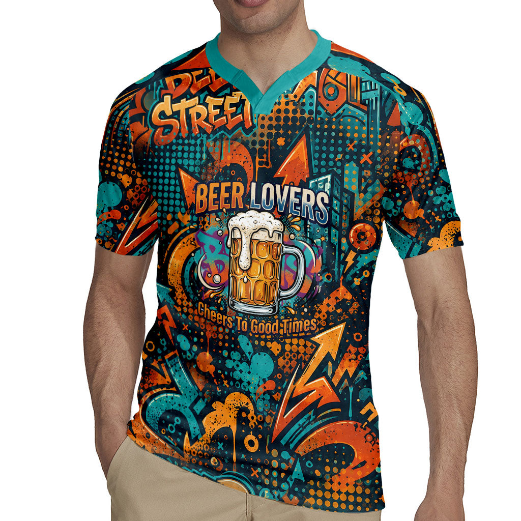 Beer Lovers Cheers To Good Times Rugby Jersey Urban Graffiti Pattern With Frothy Clinking Mugs Art