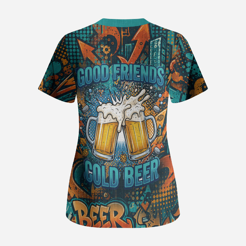 Beer Lovers Cheers To Good Times Scrub Top Urban Graffiti Pattern With Frothy Clinking Mugs Art