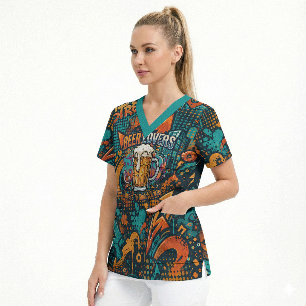 Beer Lovers Cheers To Good Times Scrub Top Urban Graffiti Pattern With Frothy Clinking Mugs Art