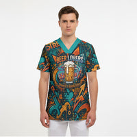 Beer Lovers Cheers To Good Times Scrub Top Urban Graffiti Pattern With Frothy Clinking Mugs Art