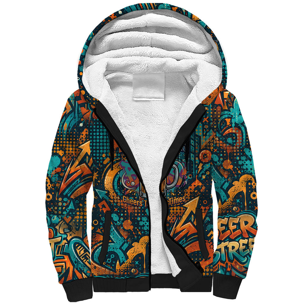 Beer Lovers Cheers To Good Times Sherpa Hoodie Urban Graffiti Pattern With Frothy Clinking Mugs Art