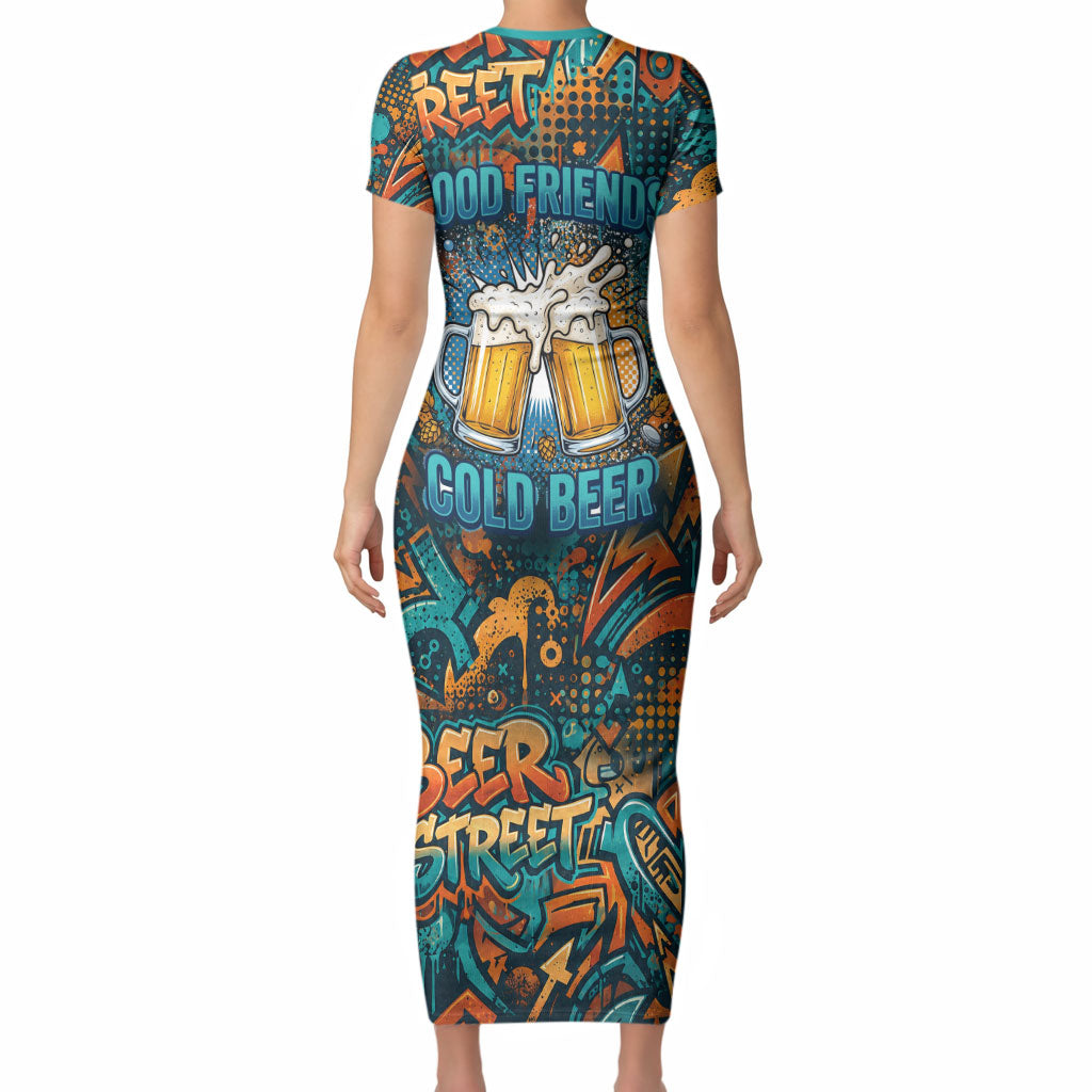 Beer Lovers Cheers To Good Times Short Sleeve Bodycon Dress Urban Graffiti Pattern With Frothy Clinking Mugs Art