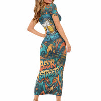 Beer Lovers Cheers To Good Times Short Sleeve Bodycon Dress Urban Graffiti Pattern With Frothy Clinking Mugs Art