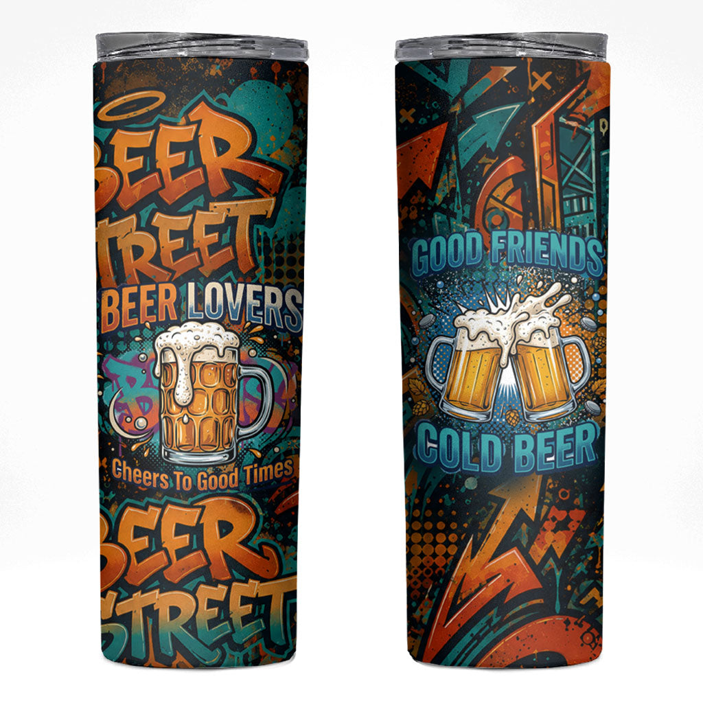 Beer Lovers Cheers To Good Times Skinny Tumbler Urban Graffiti Pattern With Frothy Clinking Mugs Art