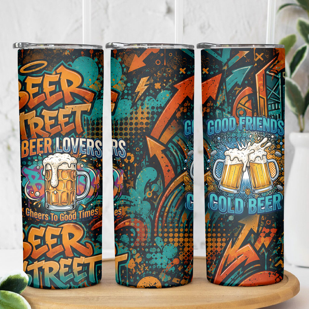 Beer Lovers Cheers To Good Times Skinny Tumbler Urban Graffiti Pattern With Frothy Clinking Mugs Art