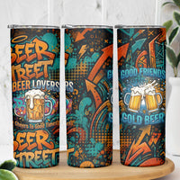 Beer Lovers Cheers To Good Times Skinny Tumbler Urban Graffiti Pattern With Frothy Clinking Mugs Art