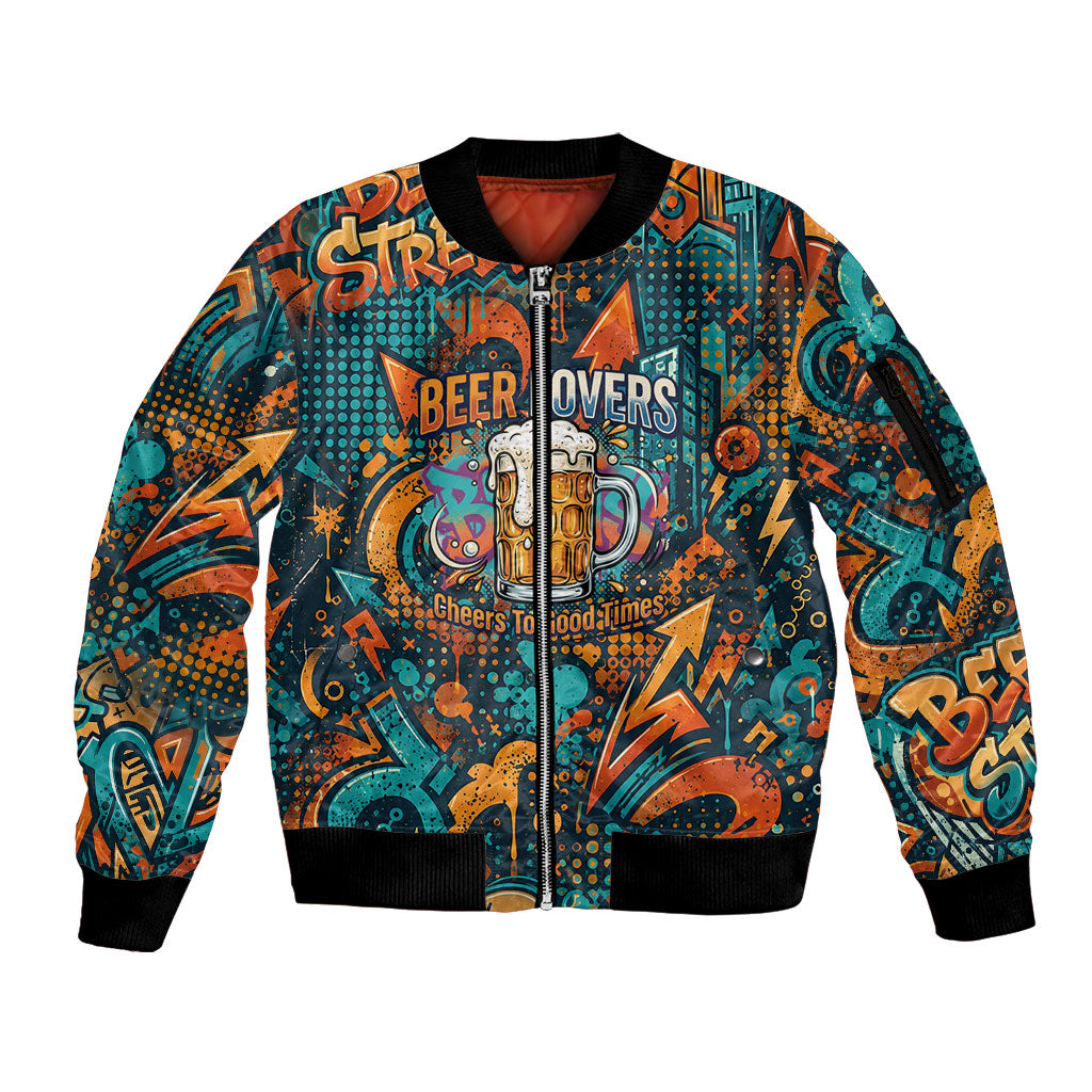 Beer Lovers Cheers To Good Times Sleeve Zip Bomber Jacket Urban Graffiti Pattern With Frothy Clinking Mugs Art