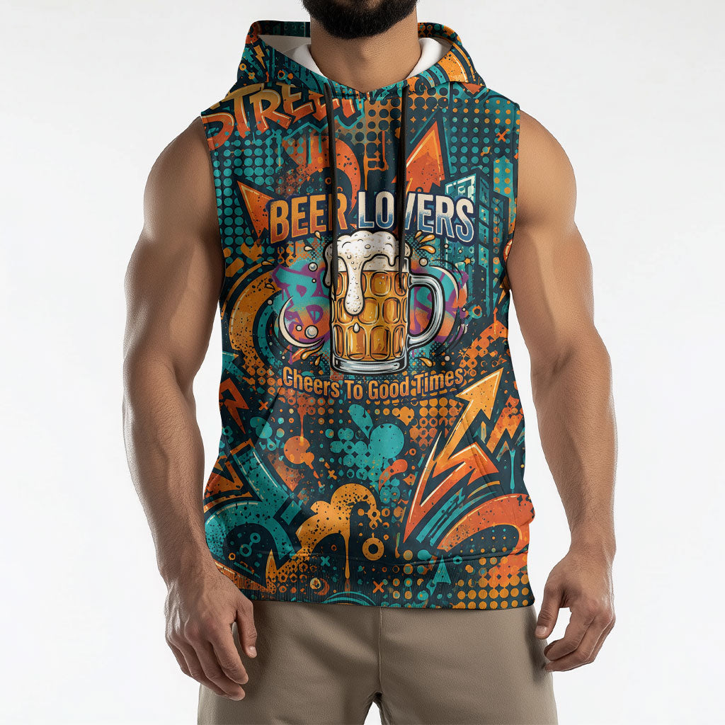 Beer Lovers Cheers To Good Times Sleeveless Hoodie Urban Graffiti Pattern With Frothy Clinking Mugs Art
