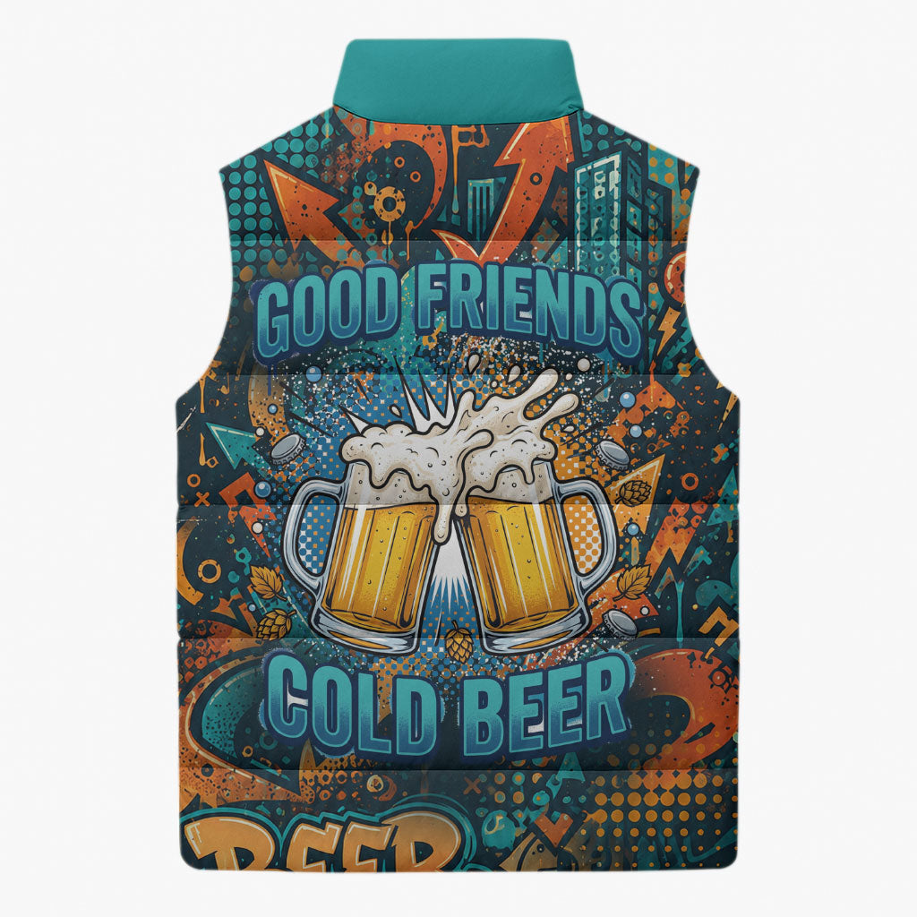 Beer Lovers Cheers To Good Times Sleeveless Puffer Jacket Urban Graffiti Pattern With Frothy Clinking Mugs Art