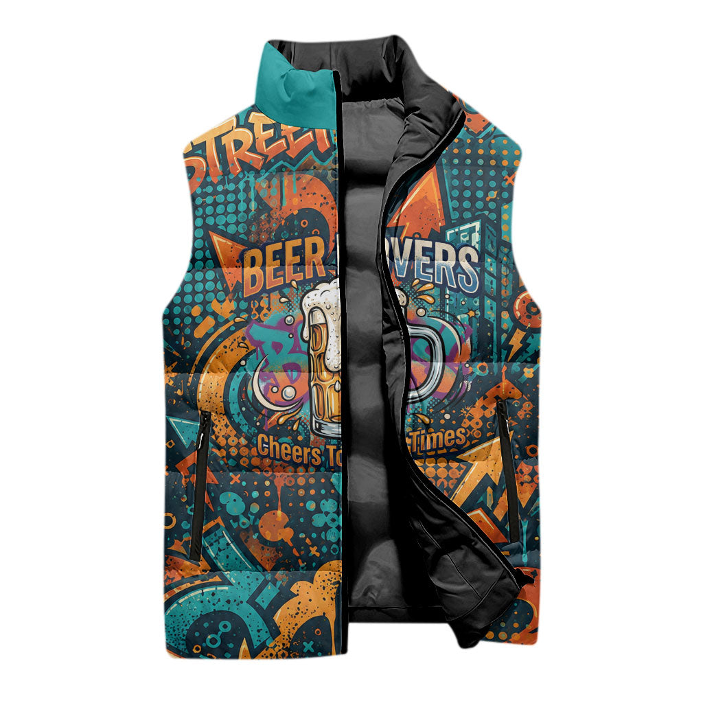 Beer Lovers Cheers To Good Times Sleeveless Puffer Jacket Urban Graffiti Pattern With Frothy Clinking Mugs Art