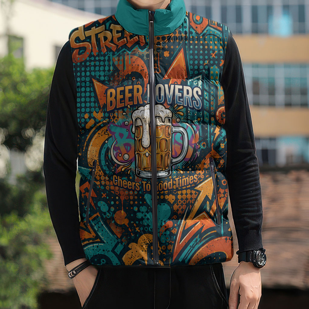 Beer Lovers Cheers To Good Times Sleeveless Puffer Jacket Urban Graffiti Pattern With Frothy Clinking Mugs Art