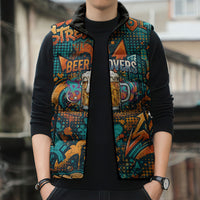 Beer Lovers Cheers To Good Times Sleeveless Puffer Jacket Urban Graffiti Pattern With Frothy Clinking Mugs Art