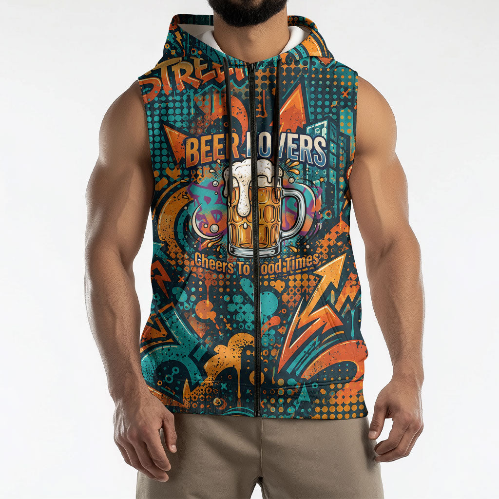 Beer Lovers Cheers To Good Times Sleeveless Zip Hoodie Urban Graffiti Pattern With Frothy Clinking Mugs Art