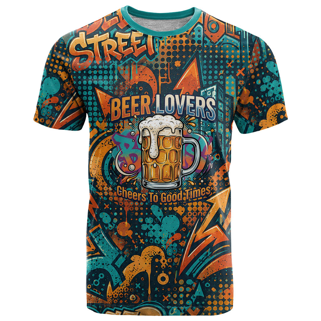 Beer Lovers Cheers To Good Times T Shirt Urban Graffiti Pattern With Frothy Clinking Mugs Art