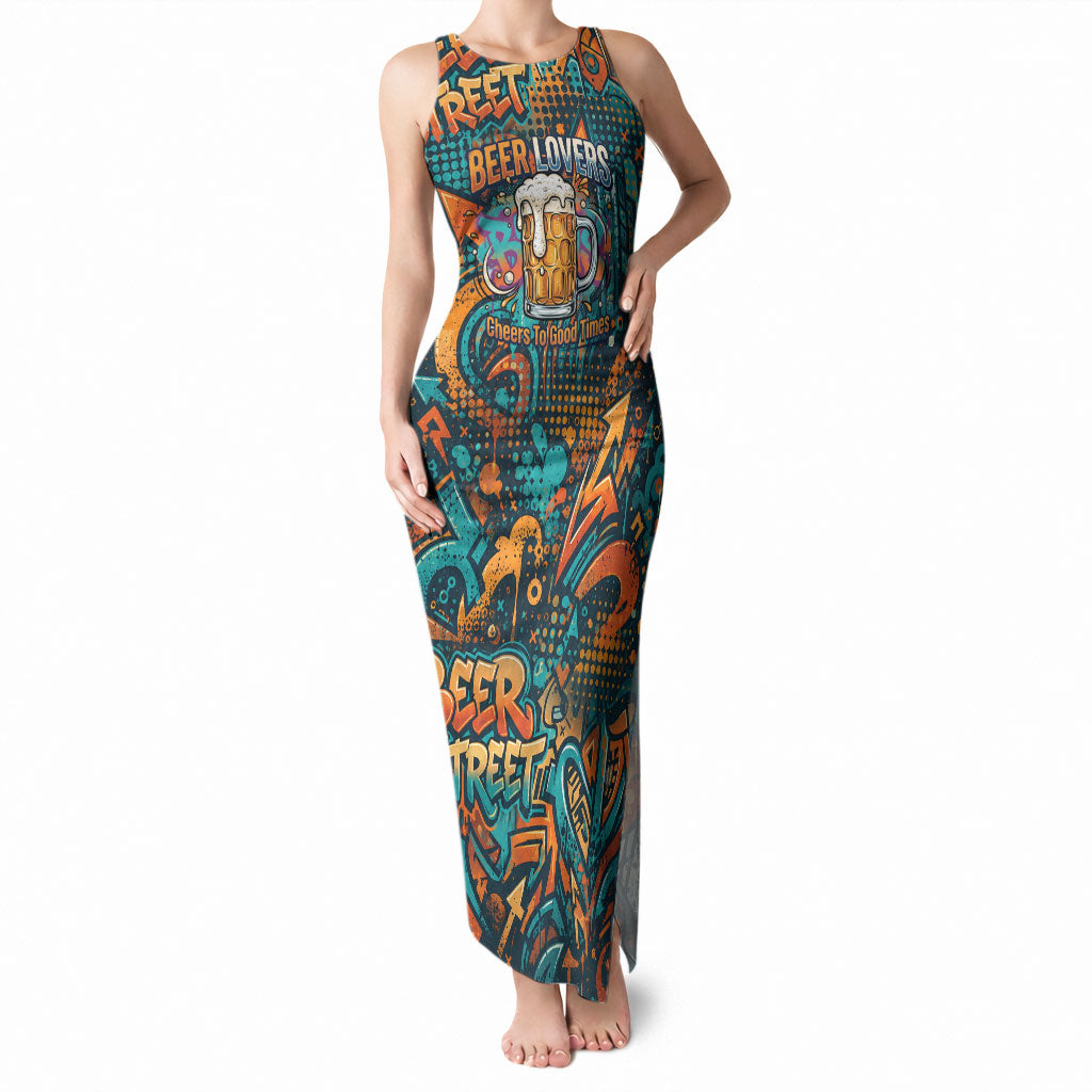 Beer Lovers Cheers To Good Times Tank Maxi Dress Urban Graffiti Pattern With Frothy Clinking Mugs Art