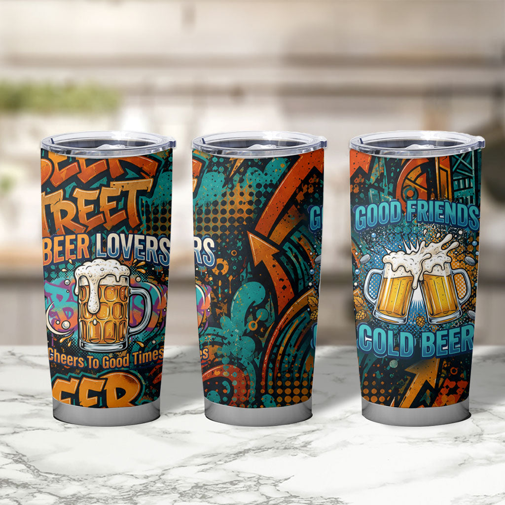 Beer Lovers Cheers To Good Times Tumbler Cup Urban Graffiti Pattern With Frothy Clinking Mugs Art