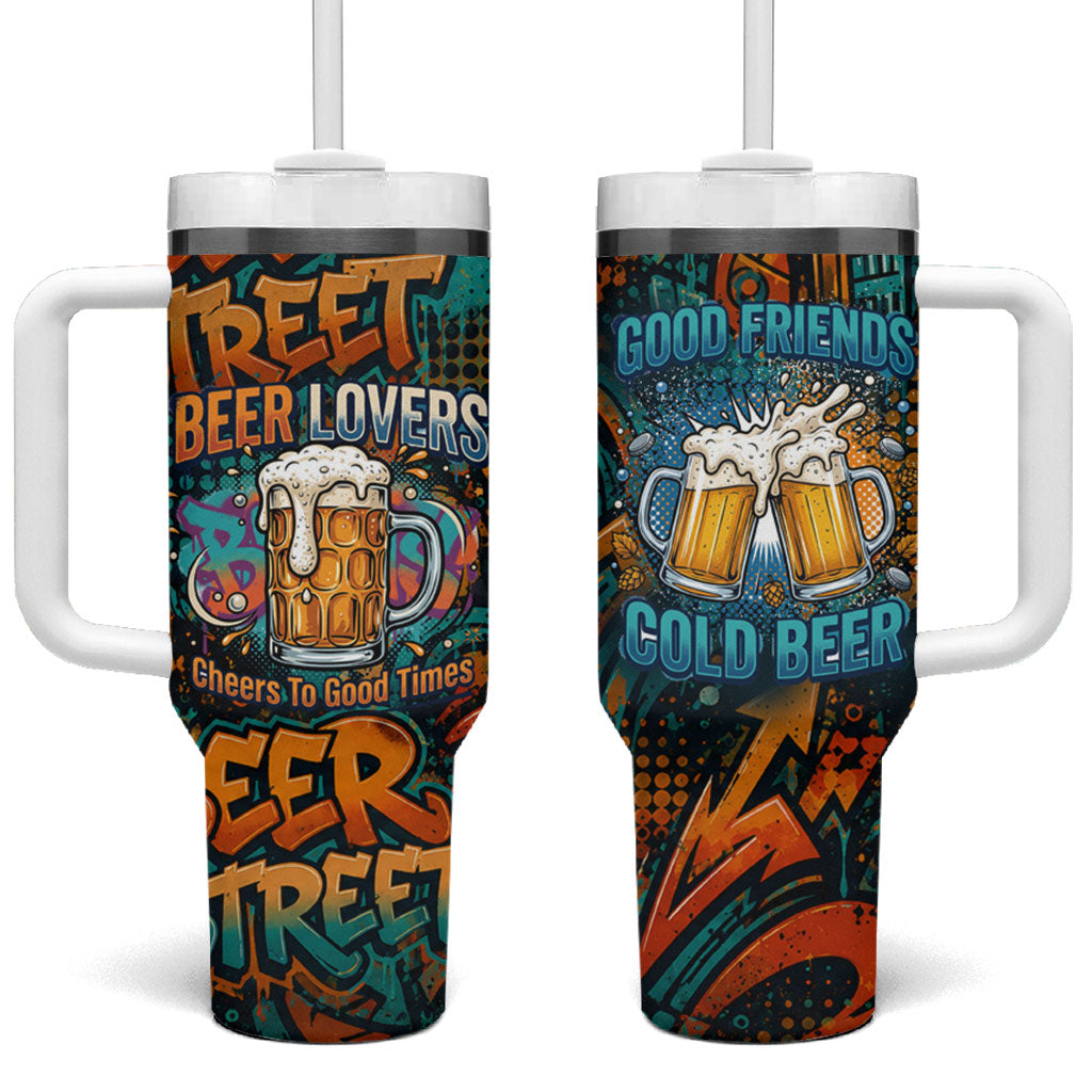 Beer Lovers Cheers To Good Times Tumbler With Handle Urban Graffiti Pattern With Frothy Clinking Mugs Art