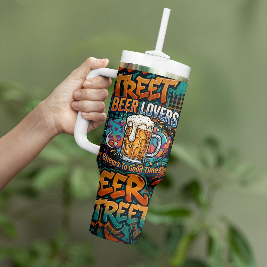 Beer Lovers Cheers To Good Times Tumbler With Handle Urban Graffiti Pattern With Frothy Clinking Mugs Art