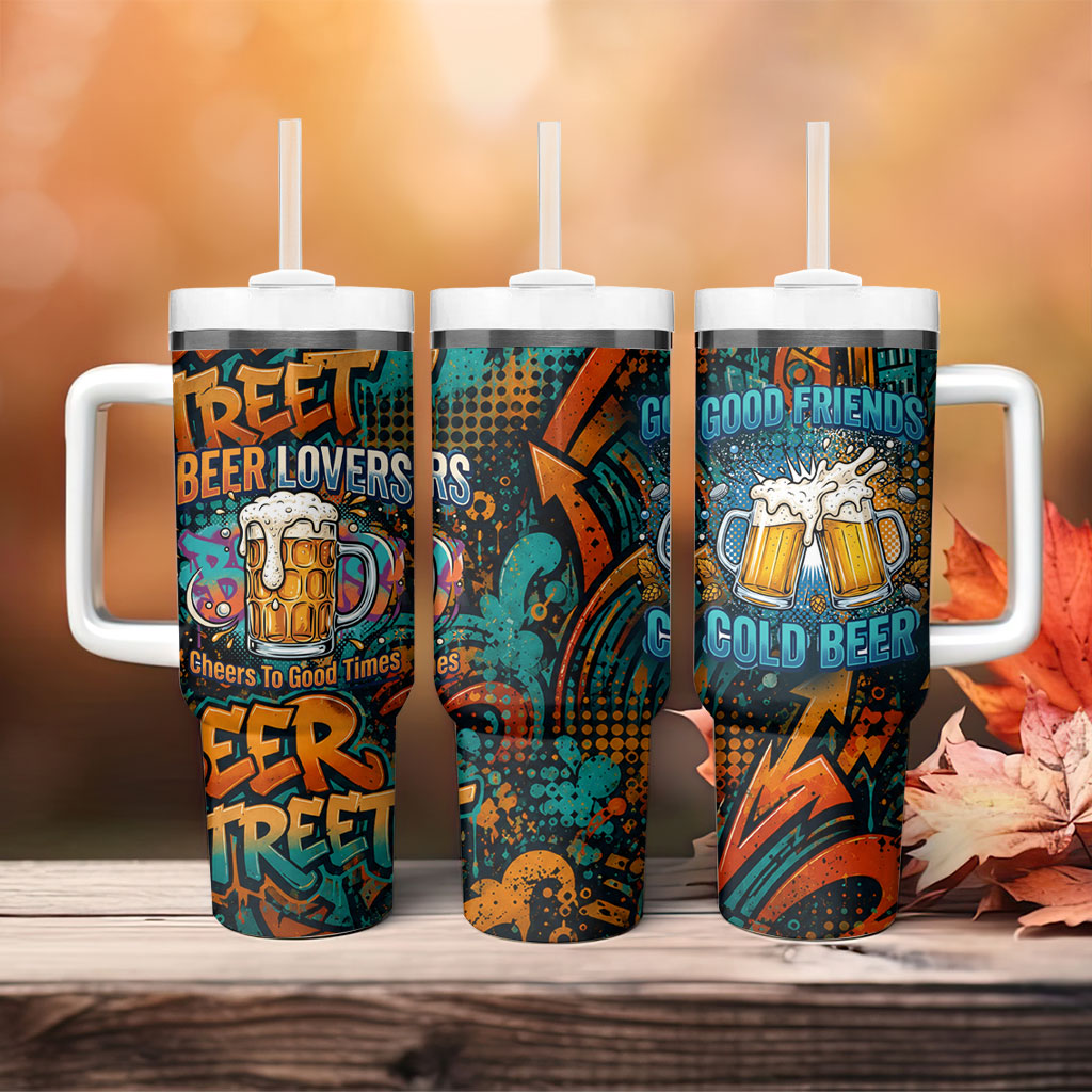 Beer Lovers Cheers To Good Times Tumbler With Handle Urban Graffiti Pattern With Frothy Clinking Mugs Art
