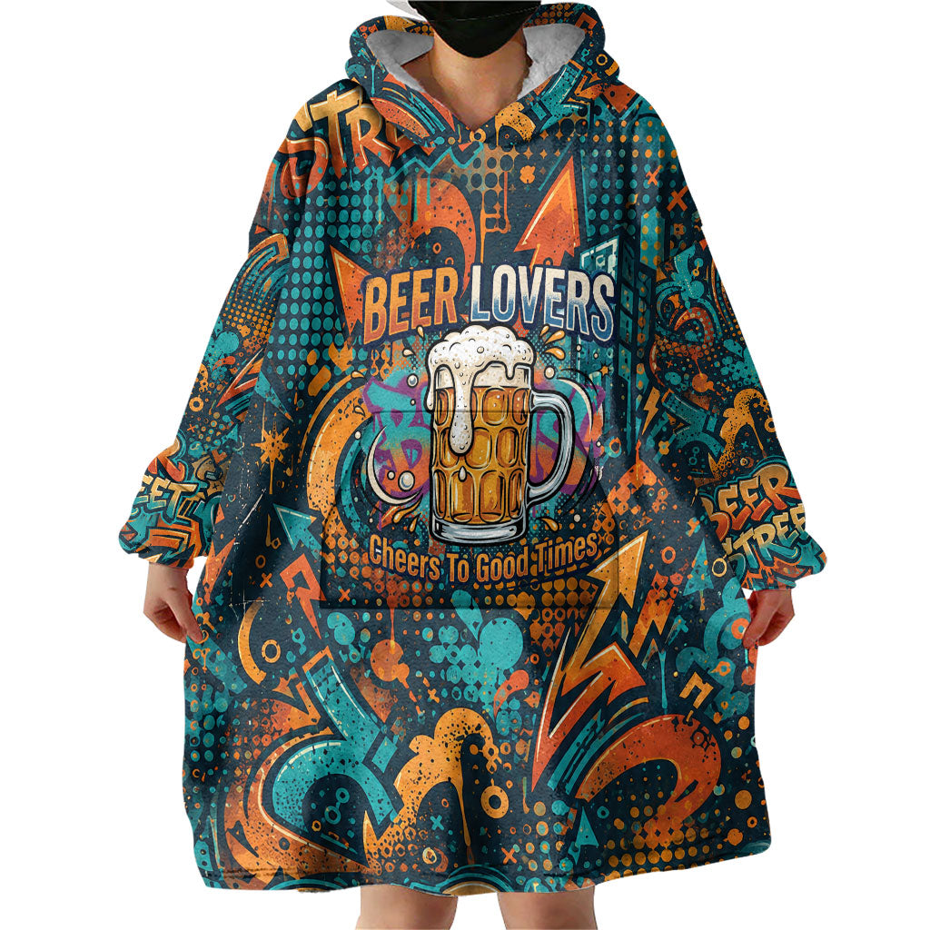 Beer Lovers Cheers To Good Times Wearable Blanket Hoodie Urban Graffiti Pattern With Frothy Clinking Mugs Art