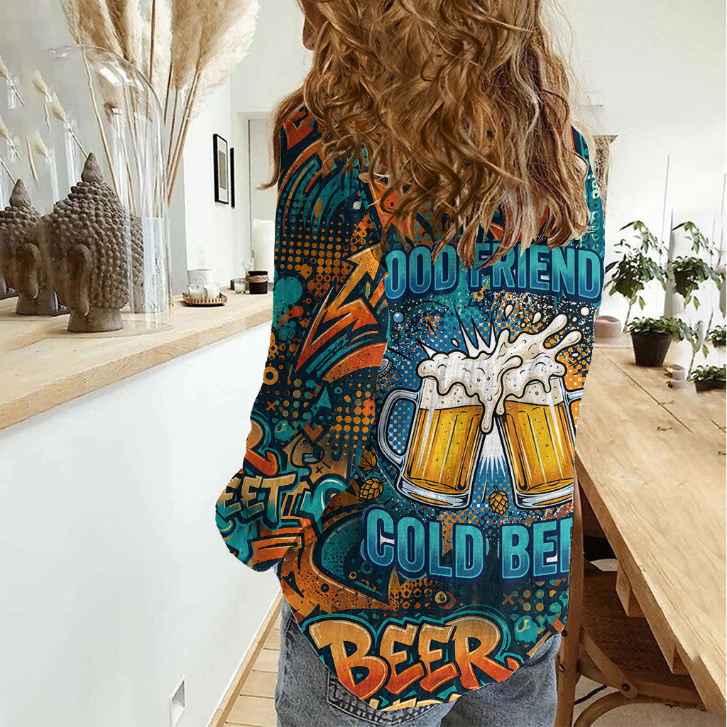 Beer Lovers Cheers To Good Times Women Casual Shirt Urban Graffiti Pattern With Frothy Clinking Mugs Art