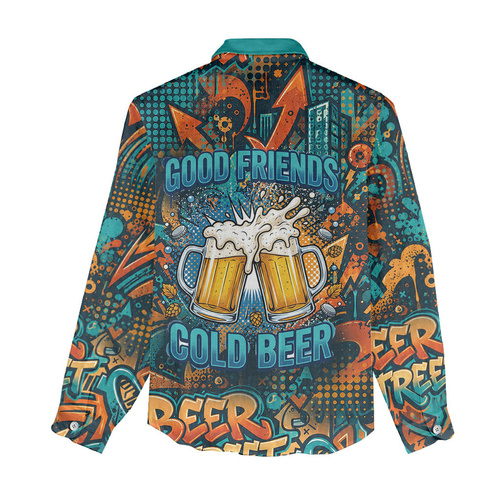 Beer Lovers Cheers To Good Times Women Casual Shirt Urban Graffiti Pattern With Frothy Clinking Mugs Art