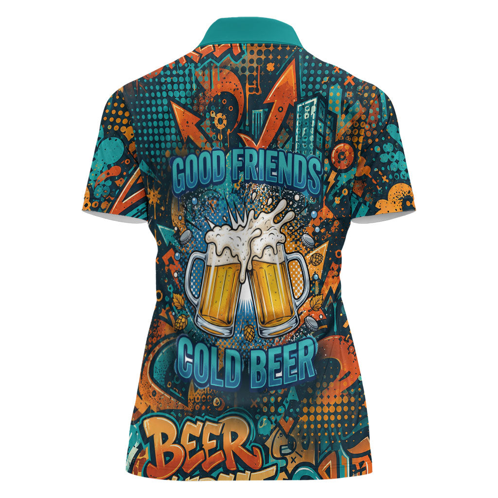 Beer Lovers Cheers To Good Times Women Polo Shirt Urban Graffiti Pattern With Frothy Clinking Mugs Art