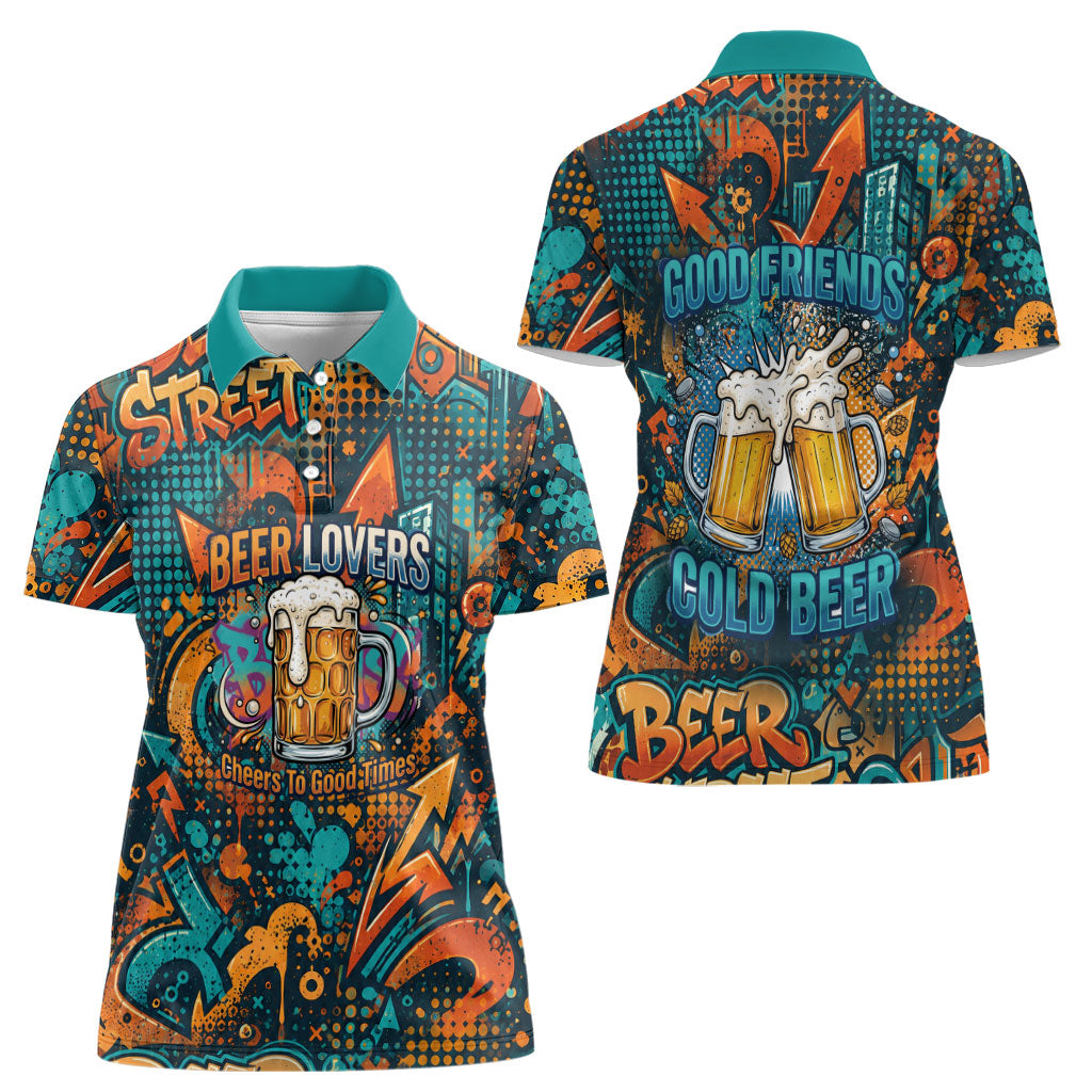 Beer Lovers Cheers To Good Times Women Polo Shirt Urban Graffiti Pattern With Frothy Clinking Mugs Art