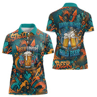 Beer Lovers Cheers To Good Times Women Polo Shirt Urban Graffiti Pattern With Frothy Clinking Mugs Art