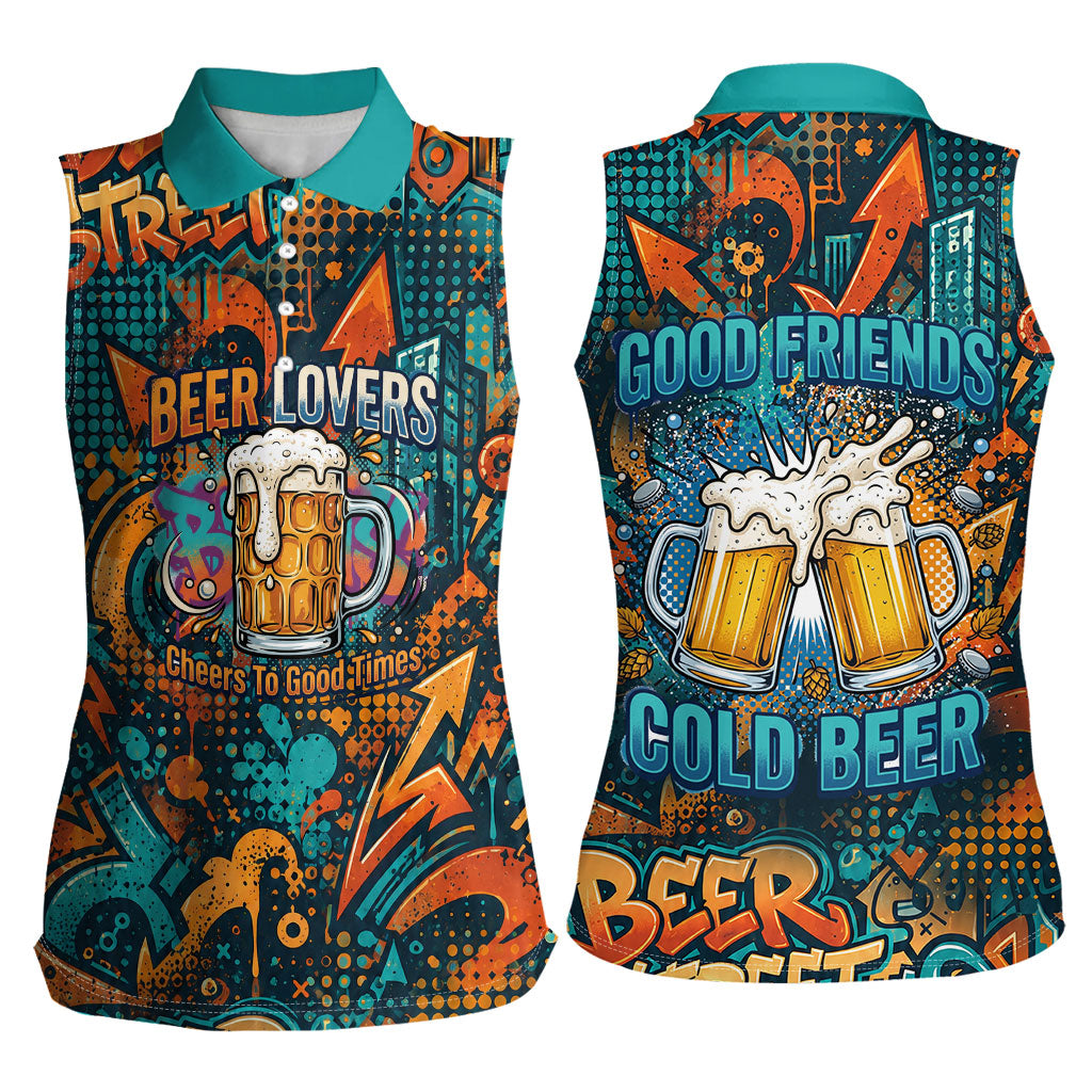 Beer Lovers Cheers To Good Times Women Sleeveless Polo Shirt Urban Graffiti Pattern With Frothy Clinking Mugs Art