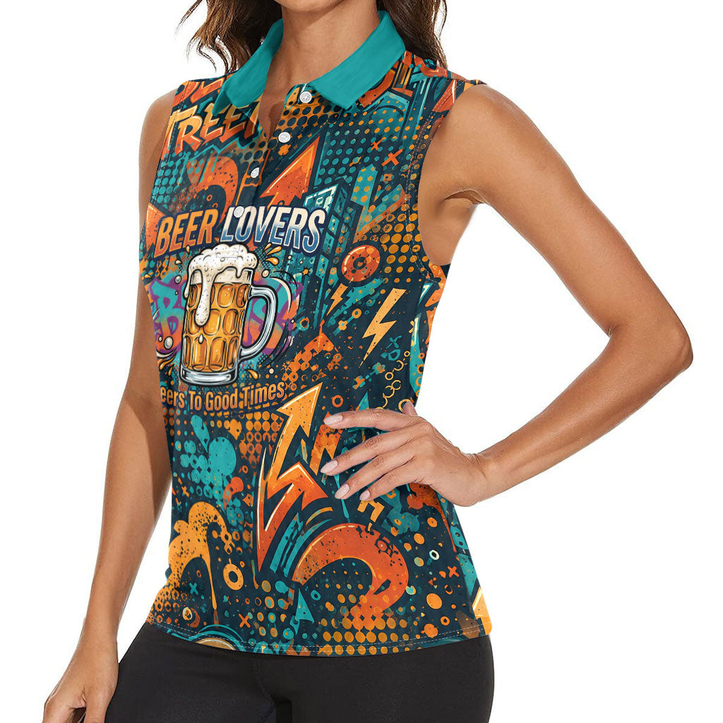 Beer Lovers Cheers To Good Times Women Sleeveless Polo Shirt Urban Graffiti Pattern With Frothy Clinking Mugs Art