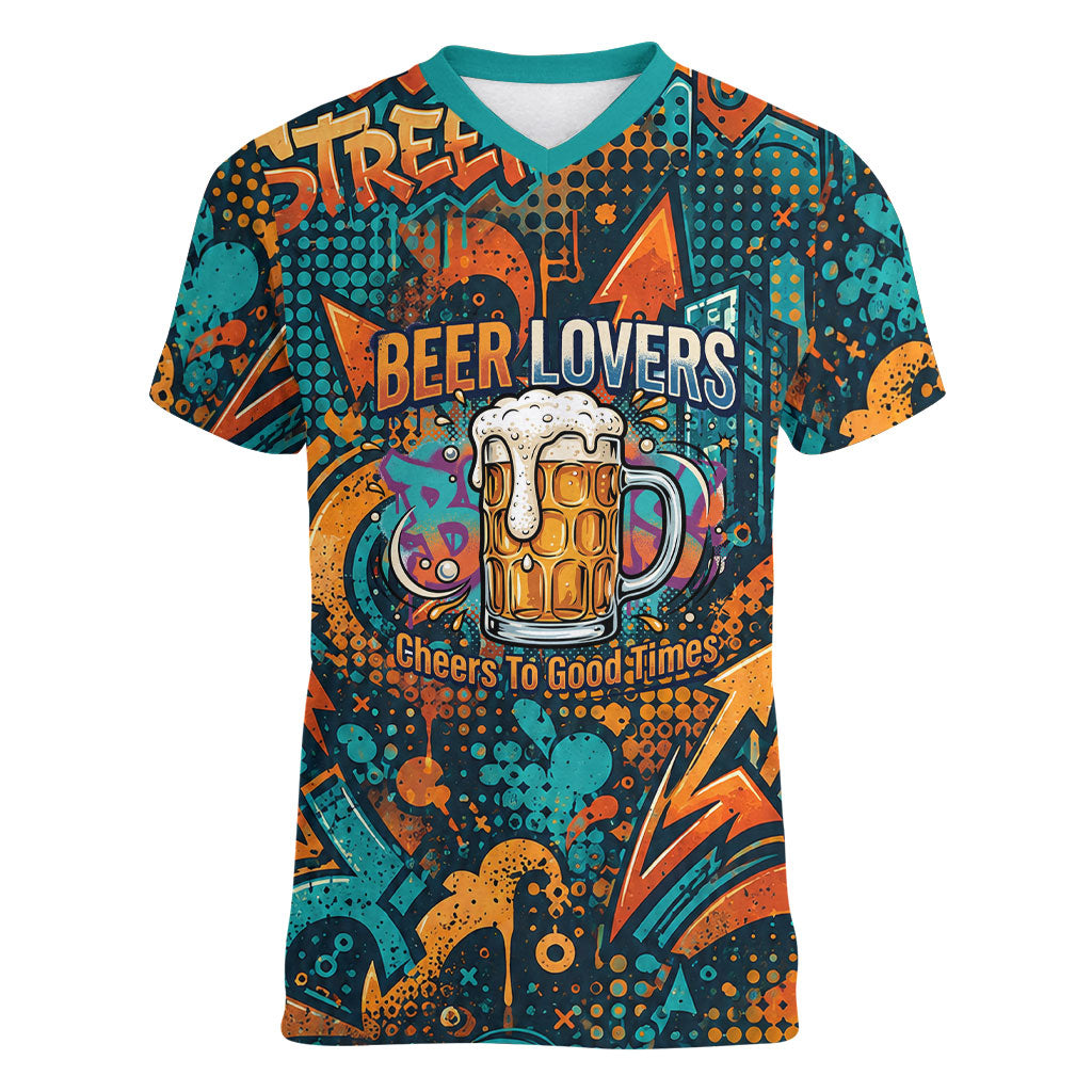 Beer Lovers Cheers To Good Times Women V-Neck T-Shirt Urban Graffiti Pattern With Frothy Clinking Mugs Art