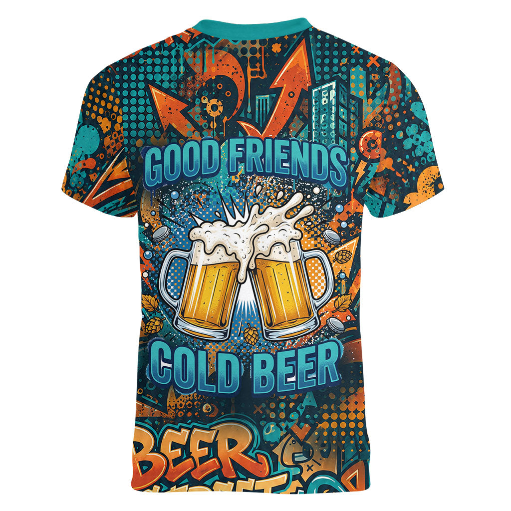 Beer Lovers Cheers To Good Times Women V-Neck T-Shirt Urban Graffiti Pattern With Frothy Clinking Mugs Art