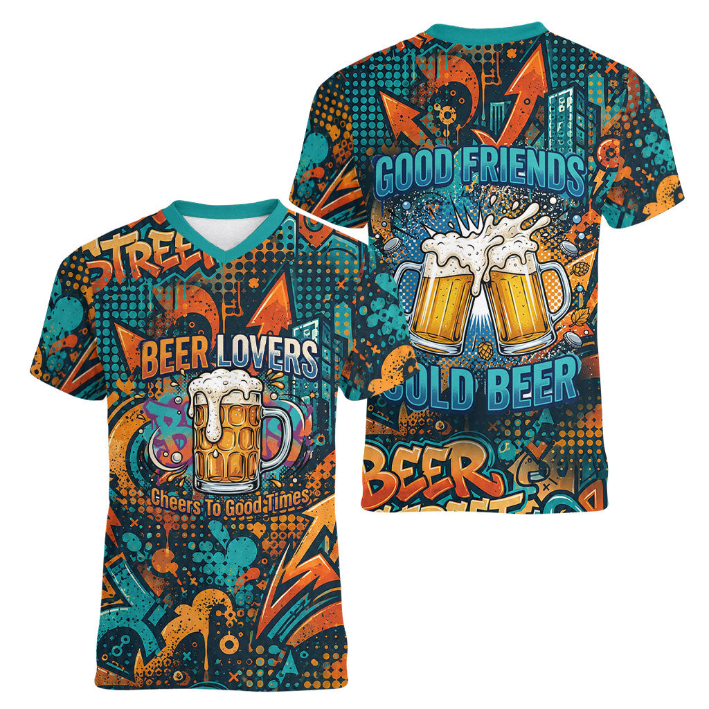 Beer Lovers Cheers To Good Times Women V-Neck T-Shirt Urban Graffiti Pattern With Frothy Clinking Mugs Art