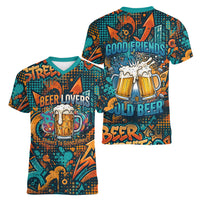 Beer Lovers Cheers To Good Times Women V-Neck T-Shirt Urban Graffiti Pattern With Frothy Clinking Mugs Art