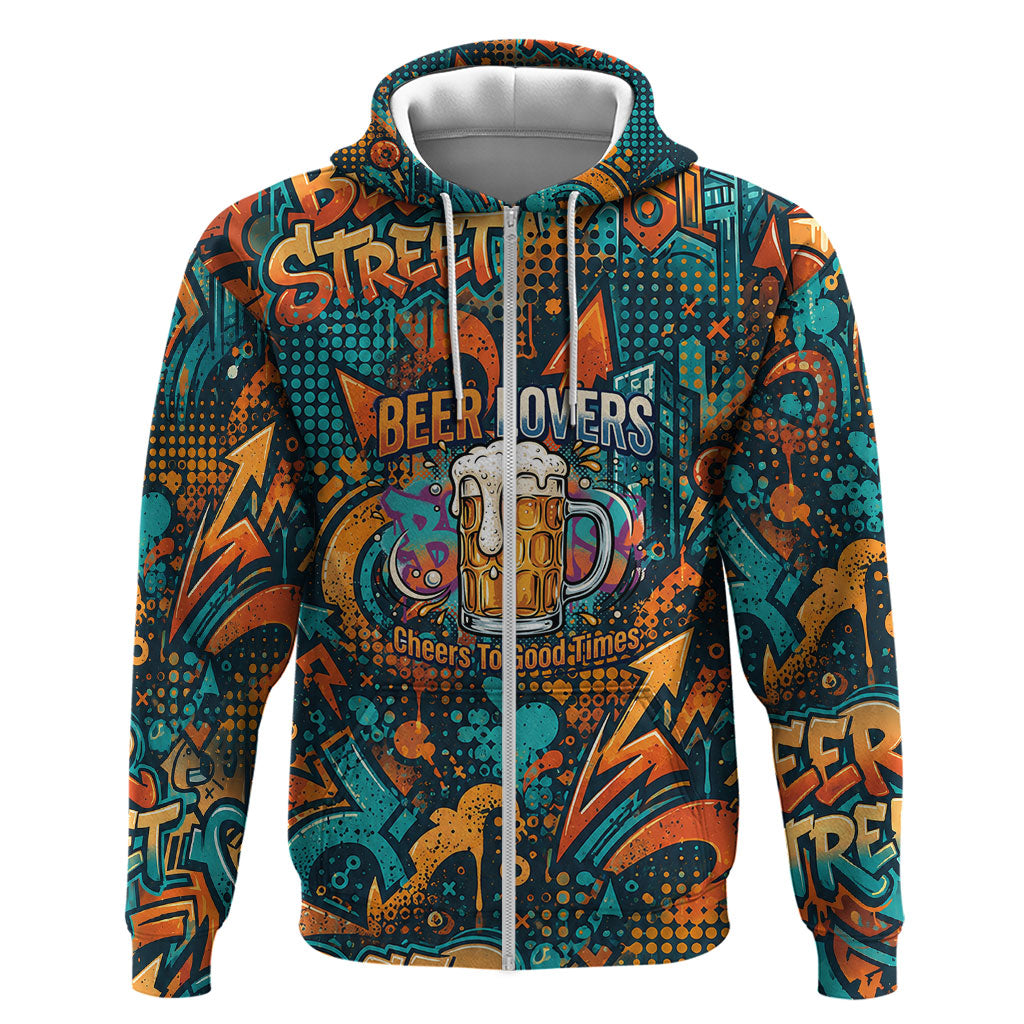 Beer Lovers Cheers To Good Times Zip Hoodie Urban Graffiti Pattern With Frothy Clinking Mugs Art