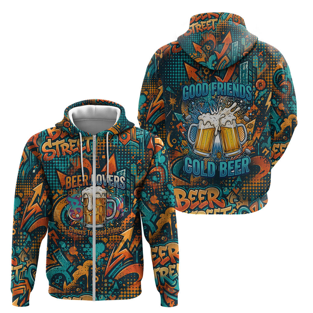 Beer Lovers Cheers To Good Times Zip Hoodie Urban Graffiti Pattern With Frothy Clinking Mugs Art