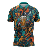 Beer Lovers Cheers To Good Times Zipper Polo Shirt Urban Graffiti Pattern With Frothy Clinking Mugs Art