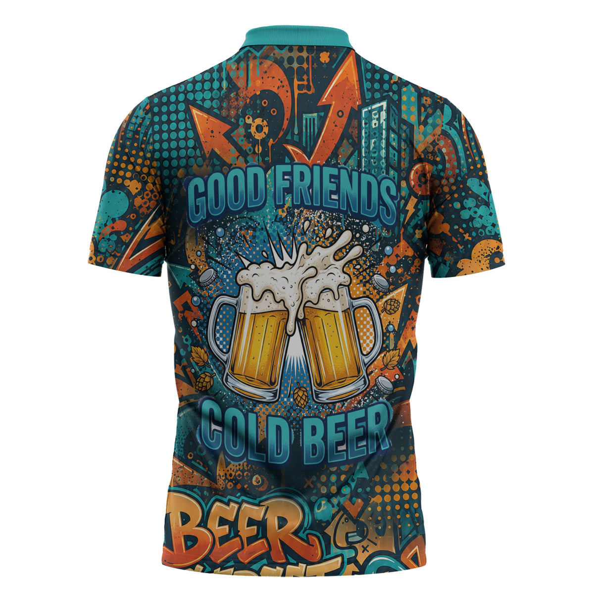 Beer Lovers Cheers To Good Times Zipper Polo Shirt Urban Graffiti Pattern With Frothy Clinking Mugs Art