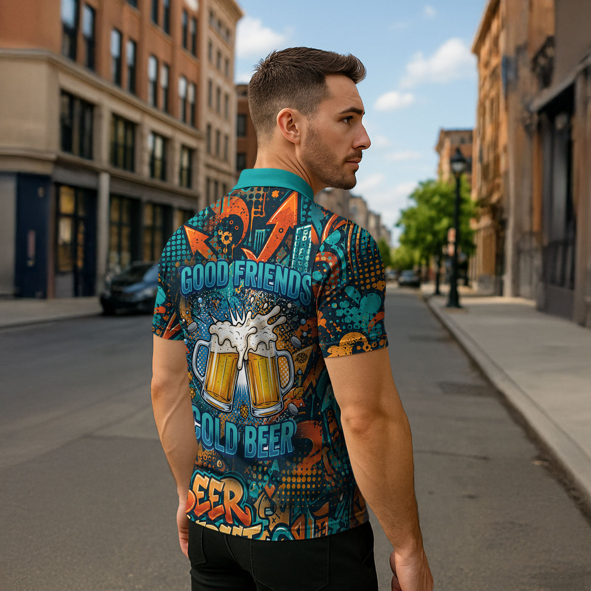 Beer Lovers Cheers To Good Times Zipper Polo Shirt Urban Graffiti Pattern With Frothy Clinking Mugs Art