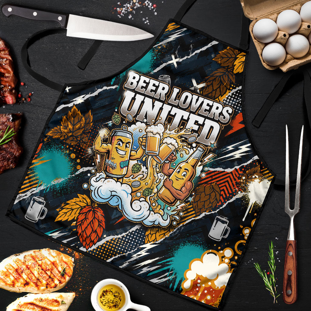 Beer Lovers United Brew Mode On Apron Retro Comic Beer Characters Clinking Glasses