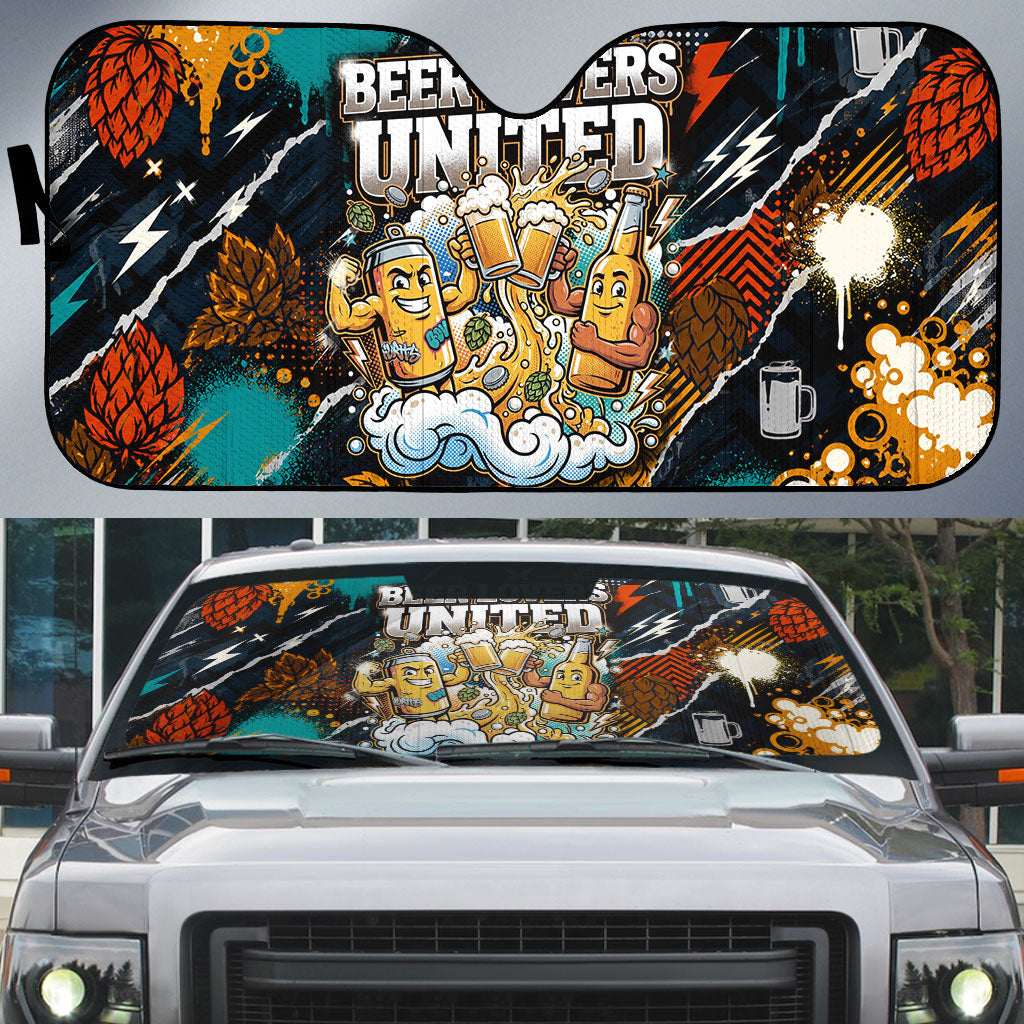 Beer Lovers United Brew Mode On Auto Sun Shade Retro Comic Beer Characters Clinking Glasses