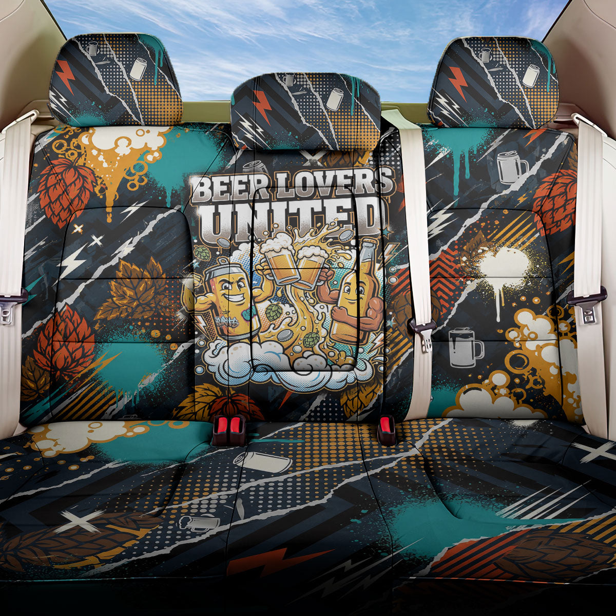 Beer Lovers United Brew Mode On Back Car Seat Cover Retro Comic Beer Characters Clinking Glasses