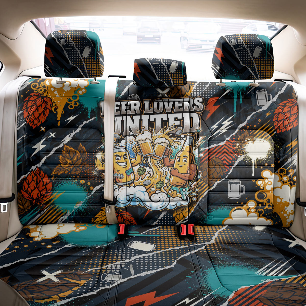 Beer Lovers United Brew Mode On Back Car Seat Cover Retro Comic Beer Characters Clinking Glasses