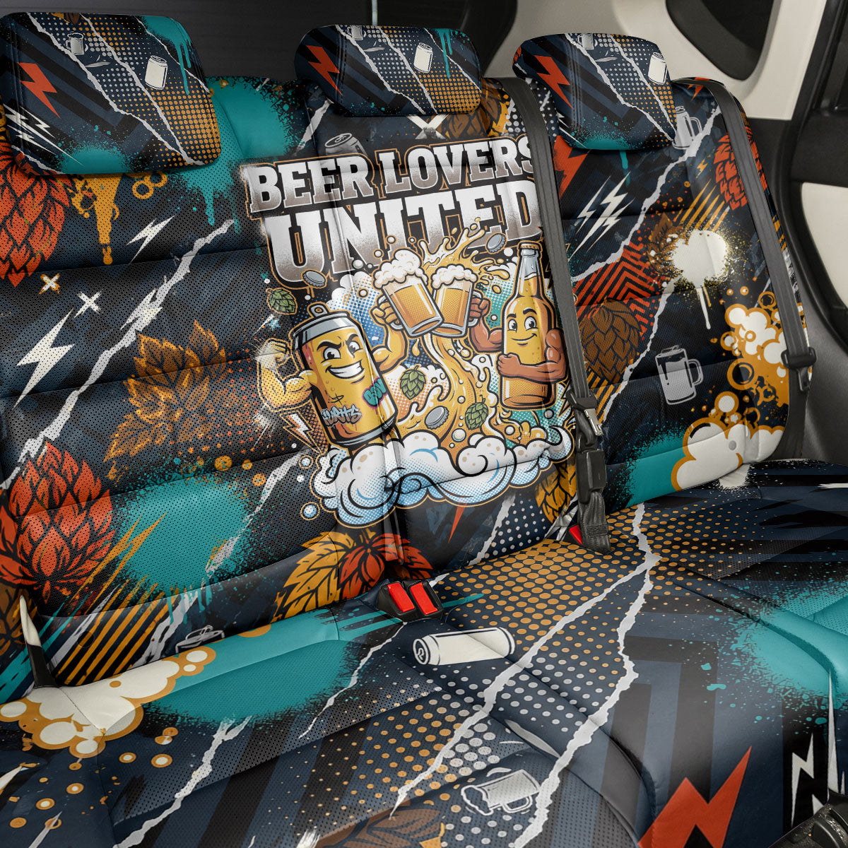 Beer Lovers United Brew Mode On Back Car Seat Cover Retro Comic Beer Characters Clinking Glasses