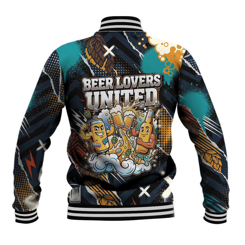 Beer Lovers United Brew Mode On Baseball Jacket Retro Comic Beer Characters Clinking Glasses