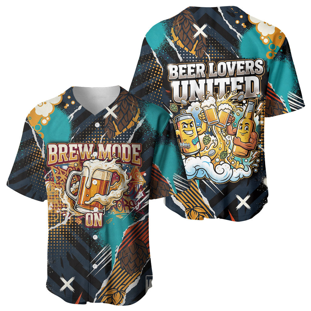 Beer Lovers United Brew Mode On Baseball Jersey Retro Comic Beer Characters Clinking Glasses