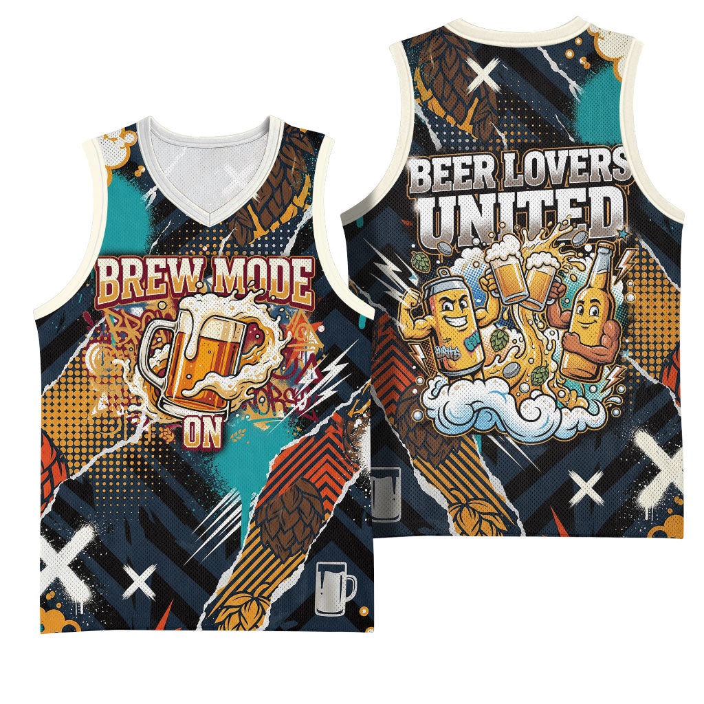 Beer Lovers United Brew Mode On Basketball Jersey Retro Comic Beer Characters Clinking Glasses